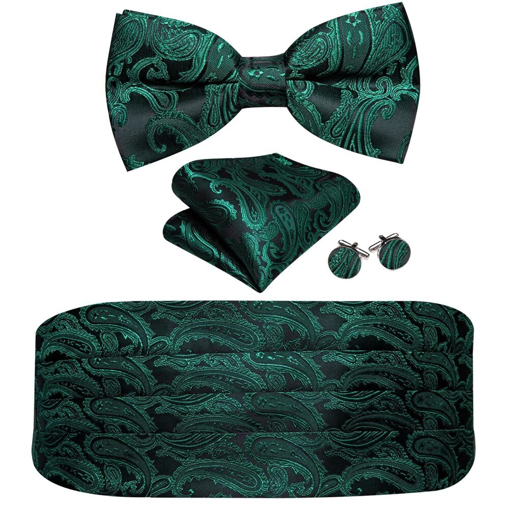 6660 Cummerbund Bow Tie Green Black Paisley Silk Pre-Tied Bowtie Pocket